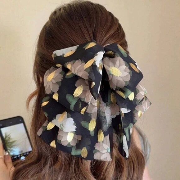 Accessories - Boho Floral Print Layered Large Bow Hair Clip